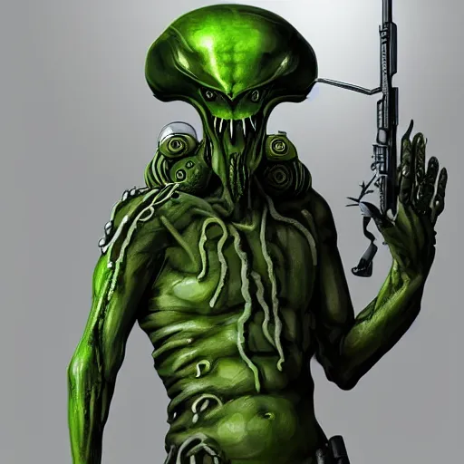 Prompt: hyper - realistic and detailed portrait of green alien soldier with tentacles and weapons