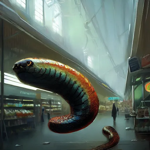 Image similar to digital painting of a super market grocery shopping elegant but deadly cat snake, cat snake serpent cat hybrid monster, by Greg Rutkowski, magic the gathering concept art, trending on artstation, 4k resolution, ((in a super market Costco))