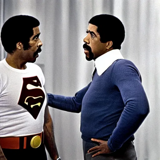 Prompt: richard pryor talking to superman, 1 9 7 0 s, film grain, heavy grain, cinematic compositions, directed by scorsese