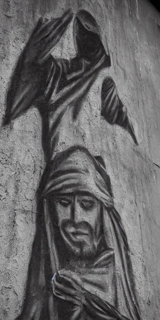 Image similar to monochromatic black graffiti spray-paint mural of blindfolded Jesus wearing a white linen blindfold, arms outstretched, rays of light emanate from his fingers, painted on a concrete wall by Minerva Teichert in the style of Orthodox iconography, Portra 400