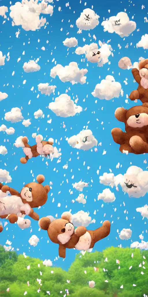 Prompt: teddy bears falling from the sky, anime scenery, digital art, 4k ultra