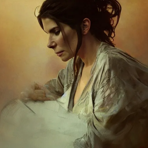 Image similar to hyperrealist portrait of sandra bullock. by jeremy mann and alphonse mucha, fantasy art, photo realistic, dynamic lighting, artstation, poster, volumetric lighting, very detailed faces, 4 k, award winning