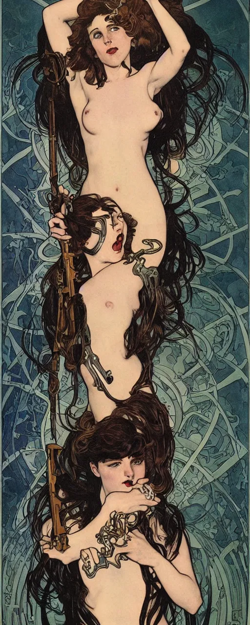 Image similar to striking sensual industrial art nouveau style portrait of kitty pryde as a norwegian black metal singer by michael kaluta, simon bisley and alphonse mucha, photorealism, extremely hyperdetailed, perfect symmetrical facial features, perfect anatomy, ornate declotage, weapon, latex, excited expression, wild eyes