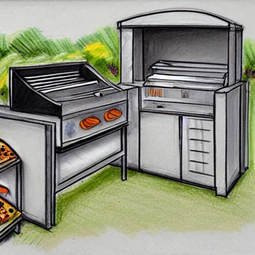 Image similar to new concept for small outdoor open kitchen design with grill and pizza oven, designer pencil sketch, HD resolution
