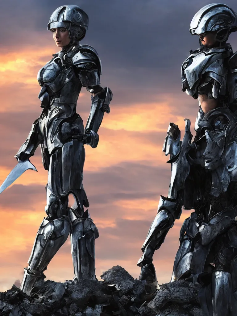 Image similar to emily blunt in futuristic power armor, close up portrait, solitary figure standing atop a pile of rubble, holding a sword on her shoulder, sunset and big clouds behind her