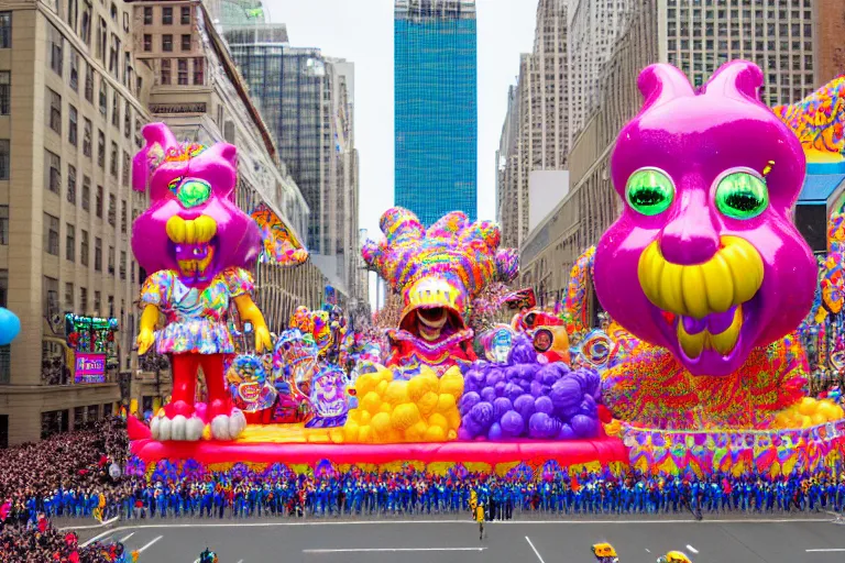 Image similar to photo of giant beautiful elaborate parade float character designed by lisa frank and geof darrow, in the macys parade, detailed 4 k photo,