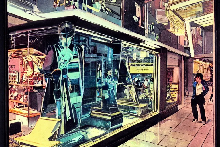 Prompt: 1 9 7 9 science fiction magazine window shopping downtown in neo - tokyo. in the style of bladerunner concept art by syd mead
