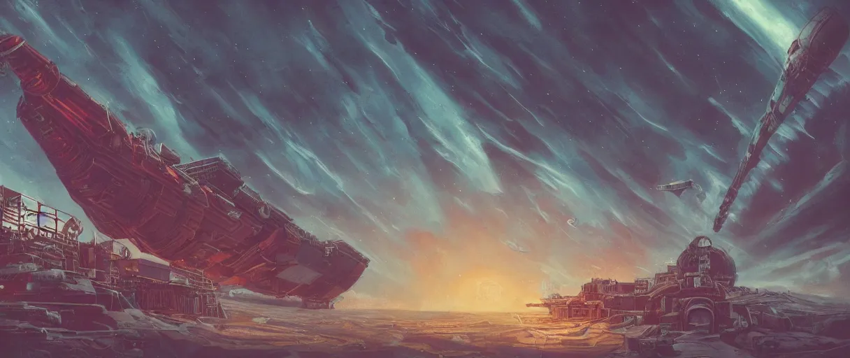 Image similar to lone industrial!!! spaceship!!, deep space exploration!!!, flying, ridley scott universe, the final frontier, illustrative!!, punk, painterly, hyperdetailed, hyperrealistic, utilitarian cargo ship, cinematic lighting, 4k, wide angle, beksinski, trending on artstation, (neon colors)