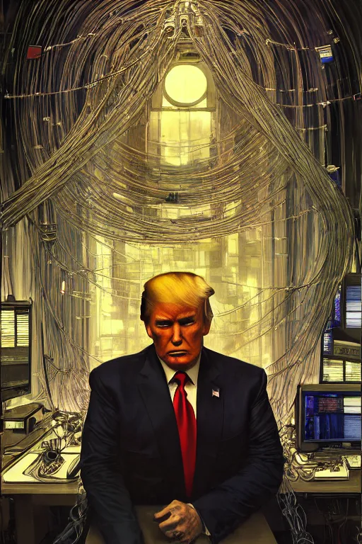 Image similar to hyperrealist cyberpunk portrait of donald j trump, it is decorated with long computer wires and computer monitors in the cyberpunk office background. by jeremy mann and alphonse mucha, fantasy art, photo realistic, dynamic lighting, artstation, poster, volumetric lighting, very detailed faces, 4 k, award winning