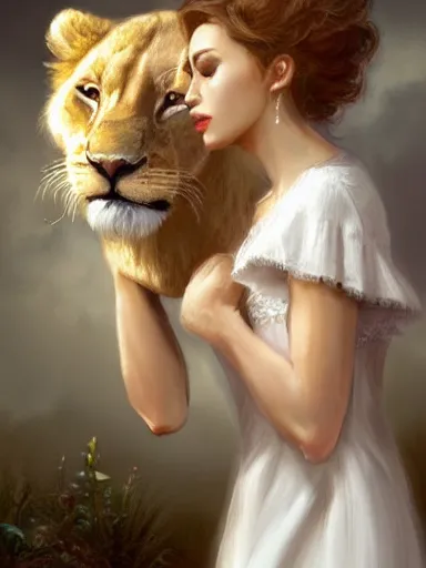 Prompt: a woman, wearing a cute white dress, holding a lion. intricate, elegant, highly detailed, digital painting, artstation, concept art, sharp focus, illustration, by justin gerard and artgerm, 8 k