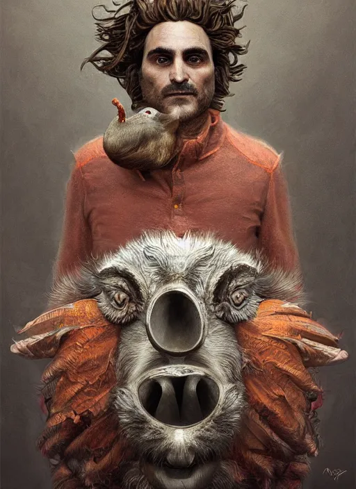 Image similar to a hyper detailed painting of an anthropomorphic joaquin phoenix as the king of animals, cow horns, pig nose, sheep wool, chicken feathers, horror, by anna podedworna, by miklos ligeti, by diego maricato, by taran fiddler, by antonino truisi, by chris reddie, on artstation