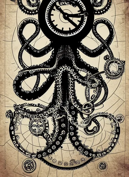 Image similar to steampunk clockwork robotic octopus, hand drawn illustration, old - fashioned poster style, highly detailed vector art