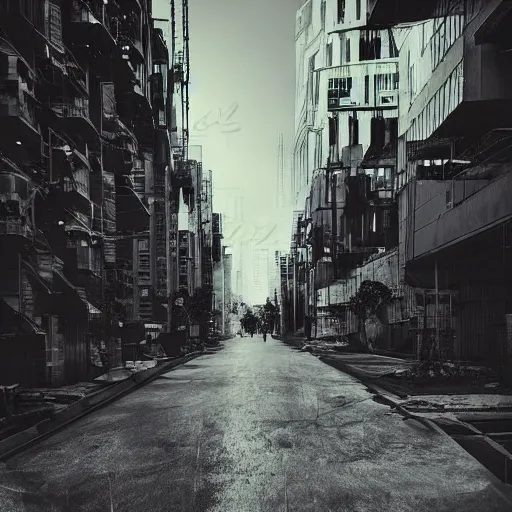Prompt: daguerrotype photograph of cyberpunk city street, futuristic buildings, advanced cars, daguerrotype, grainy photograph