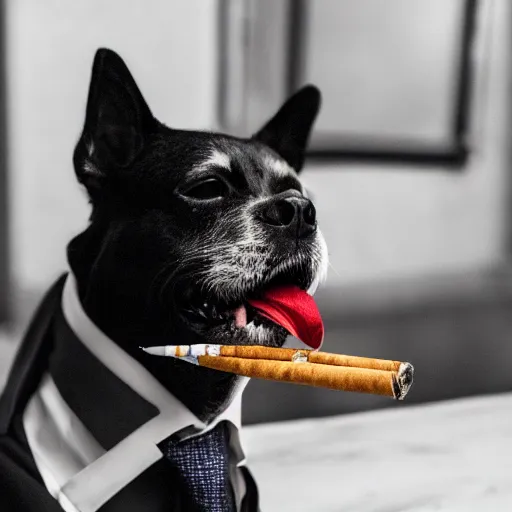 Image similar to a high detail closeup photograph of a dog wearing a suit 👔,and smoking a cigarrette🚬, award wining photograph