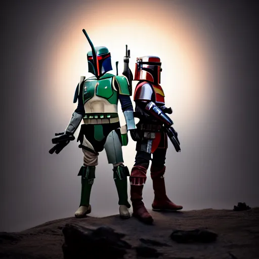 Image similar to boba fett and mandalorian standing proudly shoulder to shoulder ultra realistic, lens flare, atmosphere, glow, detailed, intricate, full of colour, cinematic lighting, trending on artstation, 4 k, hyperrealistic, focused, extreme details, unreal engine 5, cinematic, masterpiece, ultra realistic, hyper realistic, highly detailed, sharp focus, digital art