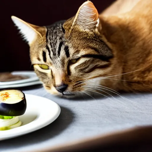 Image similar to a cat eating an eggplant on a plate, realistic, 8 k