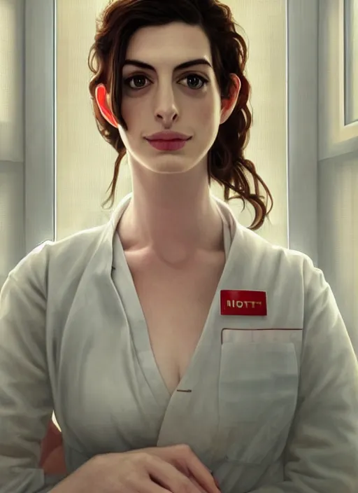 Prompt: portrait Anne Hathaway as hot nurse in hospital, full length shot, shining, 8k highly detailed, sharp focus, illustration, art by artgerm, mucha, bouguereau