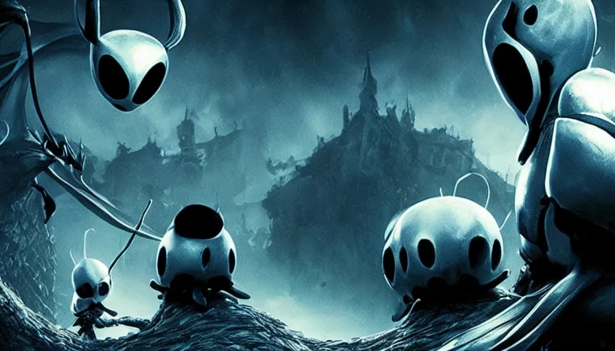 Image similar to Hollow Knight live action movie adaptation, directed by Guillermo Del Toro, IMAX cinematography by Roger Deakins, dark fantasy, principal photography