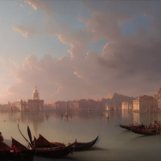 Image similar to a large serene beautiful matte painting of a large venetian harbor upon a calm bay, by asher brown durand and greg rutkowski, featured on artstation