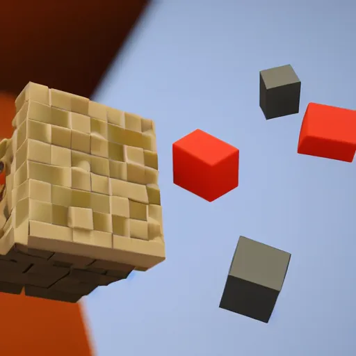 Image similar to a realistic photo of a mug being smashed on the ground and breaking into multiple voxel cubes. photo realistic.