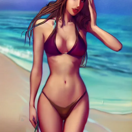 Image similar to beautiful elf princess in a bikini on the beach drawn by artgerm