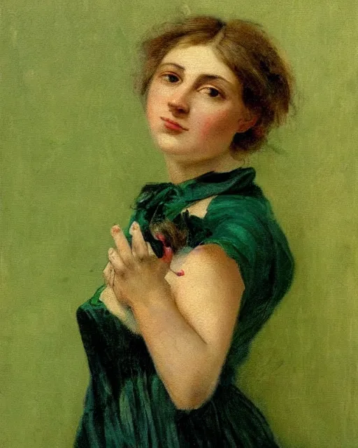 Prompt: by 1 9 th century famous painter, hands, nail polish, realism, realistic, oil painting, green wallpaper background