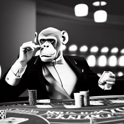 Image similar to monkey in a suit smoking a cigar and playing poker in a casino, 5 0 mm, black and white photo, octane render, realistic