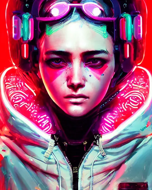 Image similar to detailed portrait Neon Operator Girl, cyberpunk futuristic neon, reflective puffy coat, decorated with traditional Japanese ornaments by Ismail inceoglu dragan bibin hans thoma greg rutkowski Alexandros Pyromallis Nekro Rene Maritte Illustrated, Perfect face, fine details, realistic shaded, fine-face, pretty face