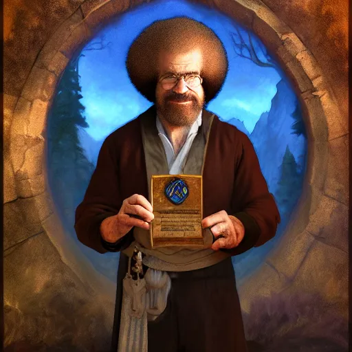 Image similar to a portrait of a Bob Ross as a Arch Mage ,Grim fantasy, D&D, HDR, natural light, shoulder level shot, dynamic pose, award winning photograph, Mucha style 4k,