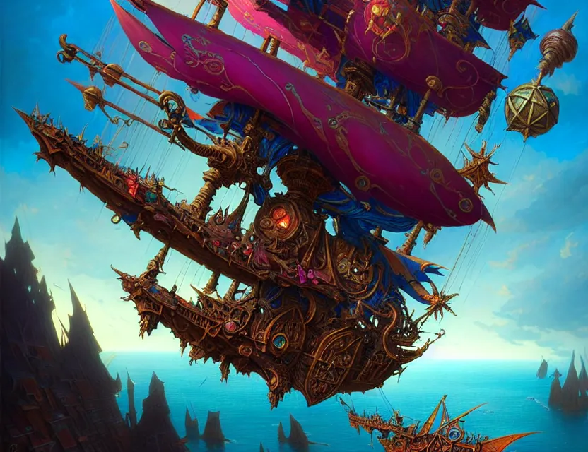 Prompt: the flying spelljammer galleon soars through the planes, amazing d & d planescape style art, trending on artstation, colorful, intricate, art by kev chan, joseph leyendecker, peter mohrbacher, ruan jia, marc simonetti, fantasypunk, deep colors, cgsociety