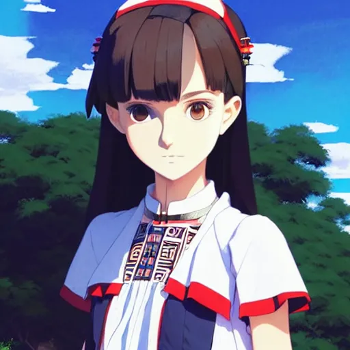 Image similar to a beautiful! boyish! natalie portman model, wearing catholic school girl outfit with mayan pattern and native style, jrpg aztec street fashion, gapmoe yandere grimdark, trending on pixiv fanbox, painted by greg rutkowski makoto shinkai takashi takeuchi studio ghibli, akihiko yoshida