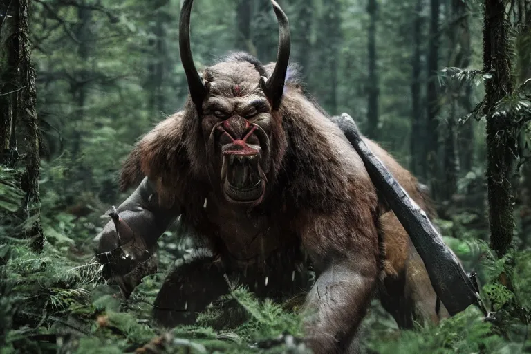 Image similar to vfx movie closeup detailed ancient warrior orc hunting elk in the forest, natural lighting by emmanuel lubezki