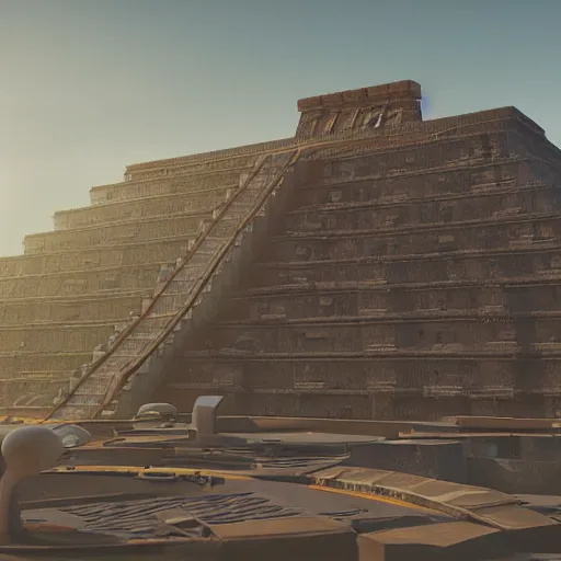 Prompt: retrofuture in the Aztec civilization, Octane render