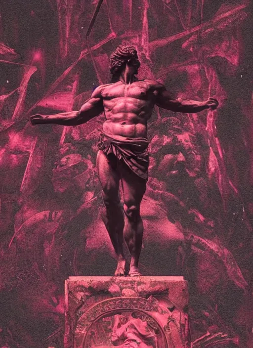 Prompt: dark design poster showing a statue of hercules, black background with very subtle red and purple design elements, powerful, nekro, guido crepax, graphic design, collage art, dark, glitch art, neo vaporwave, gritty, layout frame, square, trending on artstation