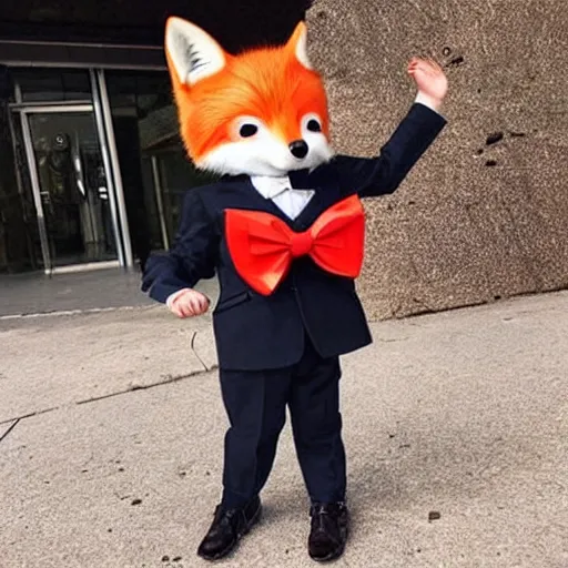 Image similar to a masculine cute fox, bowtie tail, kawaii,