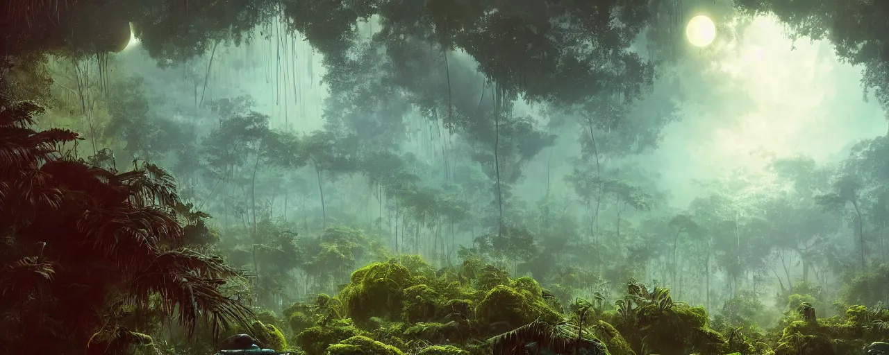 Image similar to ” outer planet with misty jungle, [ moist, wet, lush, cinematic, detailed, epic, widescreen, opening, establishing, mattepainting, photorealistic, realistic textures, octane render, art by paul lehr ] ”