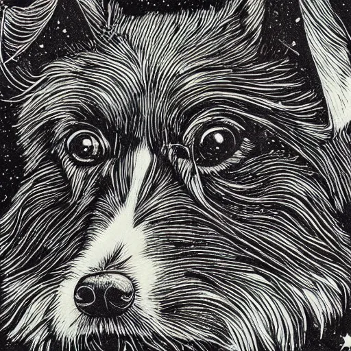 Image similar to Woodcut portrait of a beautiful cute dog with robot ears by falling into the stars greg rutkowski, 4k, intricate details