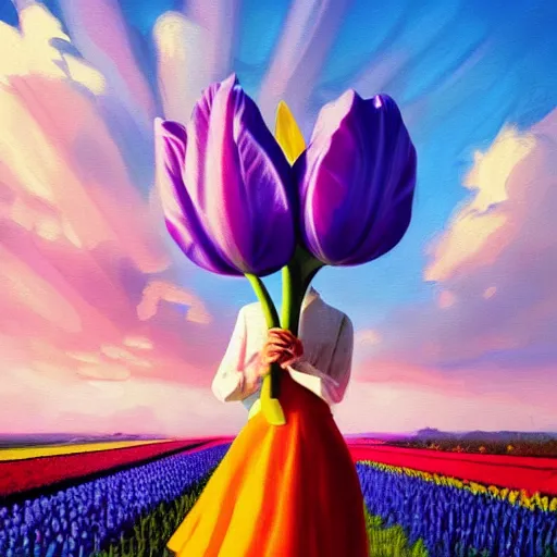 Image similar to girl with a giant tulip head, surreal photography, flower field, sunset dramatic light, impressionist painting, colorful clouds, blue sky, digital painting, artstation, simon stalenhag