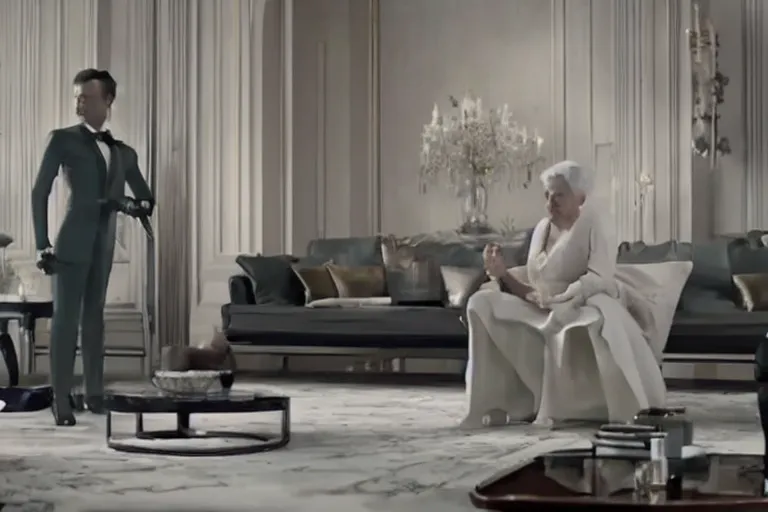 Image similar to VFX movie of old woman applauding sleek futuristic butler robot in a decadent living room by Emmanuel Lubezki