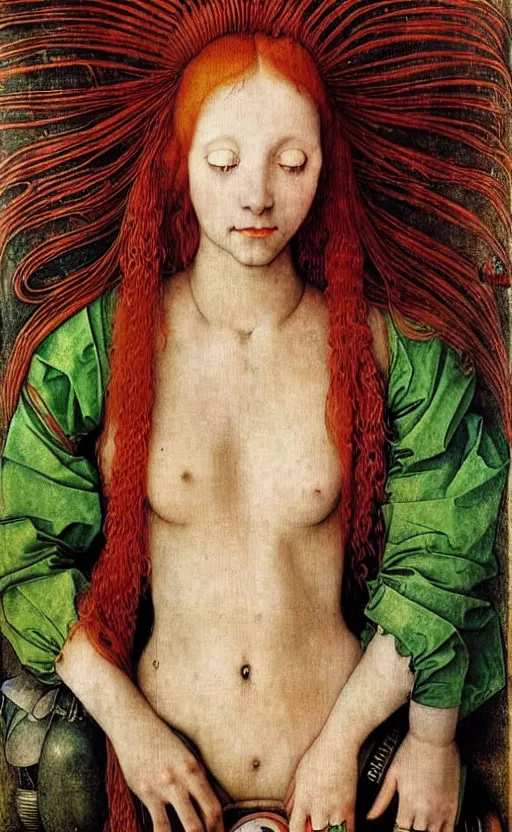 Prompt: portrait of a robot girl with long red hair and tattoo, under water, very beautiful enga style, girl wrapped in color, photorealism albrecht durer george copeland ault