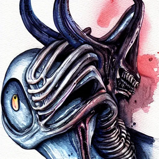 Image similar to “watercolor of xenomorph in the style of HR Giger”