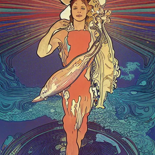 Prompt: a dolphin leaving its body, astral projection, astral travel, space background, cinematic, detailed, very realistic, by Alphonse Mucha, Moebius, Laurie Greasley, 8k