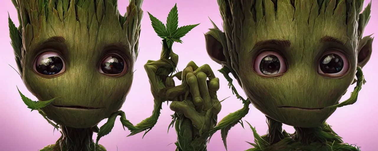 Image similar to portrait smiling round cute face cannabis!!, big eyes, marijuana!, baby groot, realistic shaded perfect face, cinematic volumentric lighting, jim cheung, david marquez, mike deodato jr, behance hd by jesper ejsing, by rhads, hyper detailed, octane render, concept art, artstation