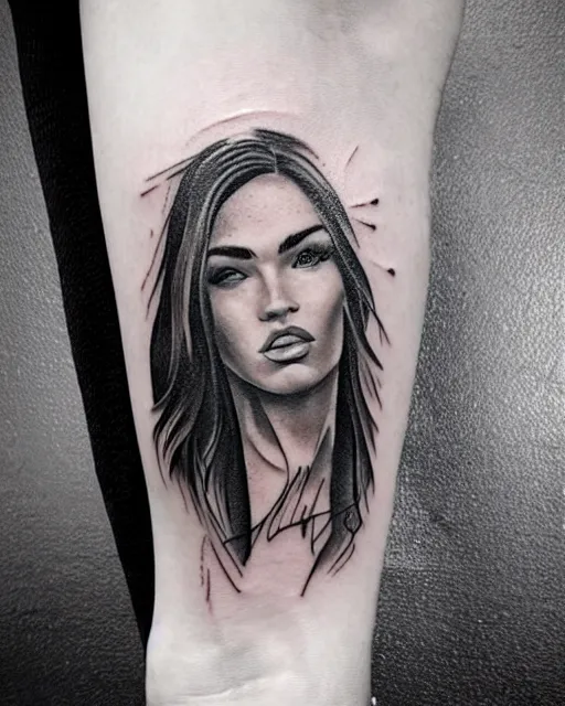 Image similar to tattoo sketch of megan fox face mash up with beautiful mountains, in the style of dan mountford, double exposure, hyper realistic, amazing detail, black and white