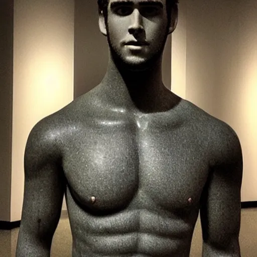 Image similar to “a realistic detailed photo of a guy who is an attractive humanoid who is half robot and half humanoid, who is a male android, actor Liam Hemsworth, shiny skin, posing like a statue, blank stare, at the museum, on display”