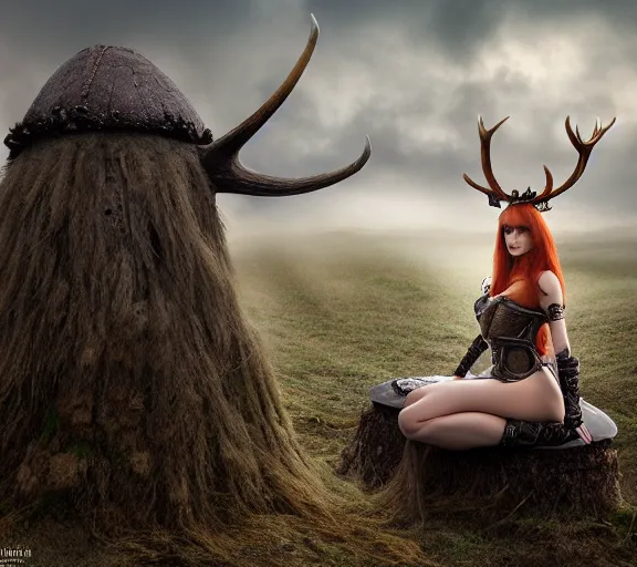 Image similar to a photo of an armored woman warrior redhead with antlers sitting facing backwards on a giant mushroom that covers a whole village and reaches above the clouds by luis royo. intricate. lifelike. soft light. sony a 7 r iv 5 5 mm. cinematic post - processing