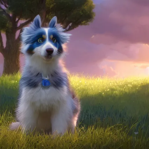 Image similar to a wholesome animation key shot of a blue merle australian shepherd puppy, studio ghibli, pixar and disney animation, sharp, rendered in unreal engine 5, anime key art by greg rutkowski, bloom, dramatic lighting