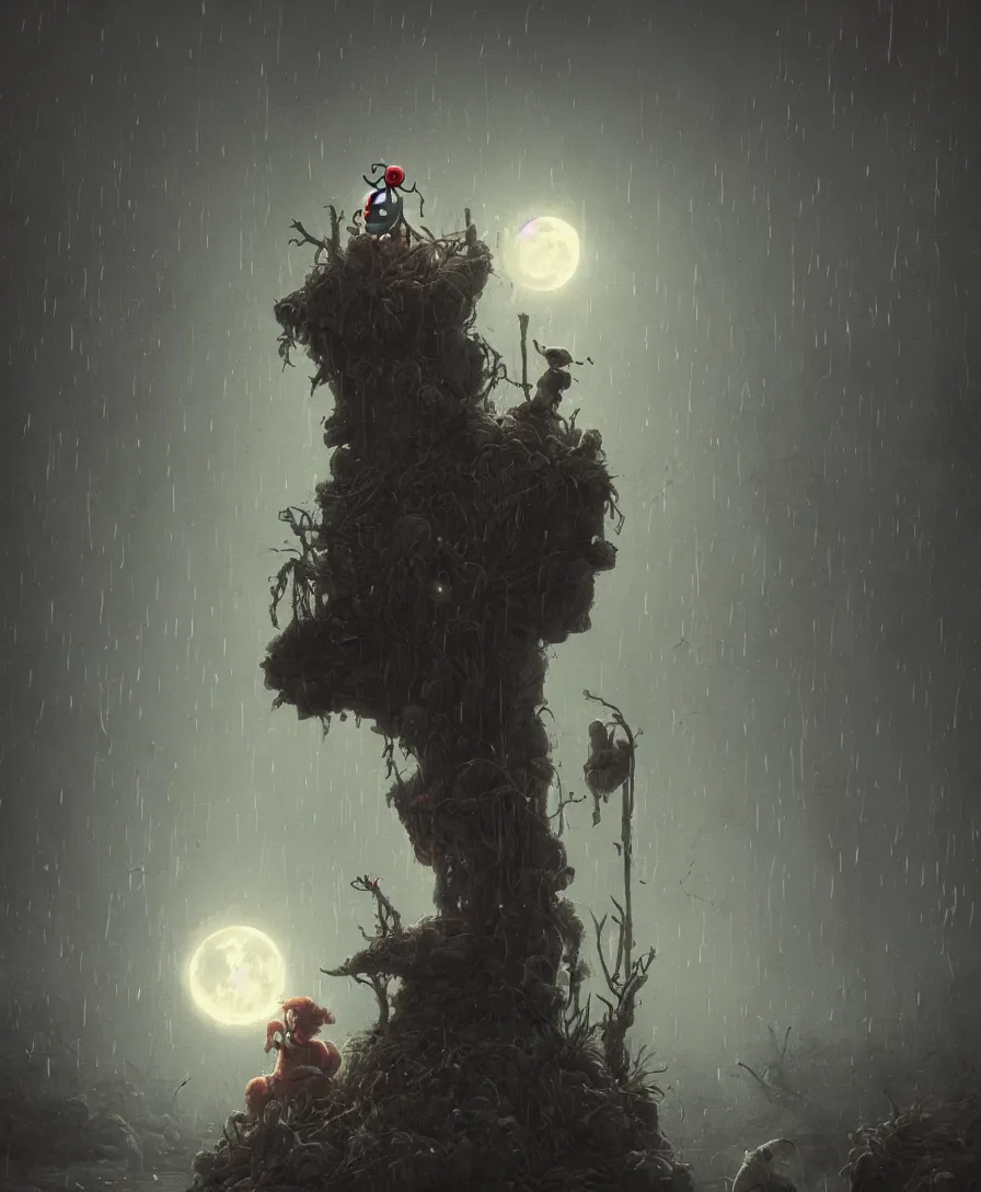 Prompt: sad skull clown, raining, full moon, illustrated by Simon Stålenhag and Gaston Bussiere, beautiful volumetric lighting style atmosphere, intricate, ultra detailed, photorealistic, trending on artstation, 4k, 8k