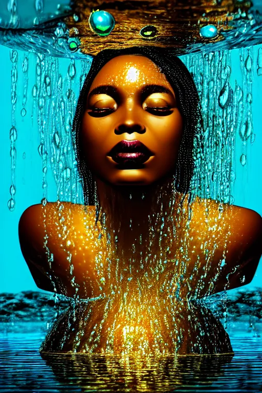 Image similar to hyperrealistic cinematic very expressive! black oshun goddess, in water up to her shoulders, mirror dripping droplet!, gold flowers, highly detailed face, digital art masterpiece, smooth eric zener cam de leon, dynamic pearlescent teal light, tilt angle uhd 8 k, sharp focus