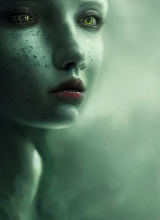 Prompt: portrait of a ominous girl, perfect green eyes, detailed reptile skin, ultra realistic, cinematic lighting, depth of field, artstation, Seb McKinnon